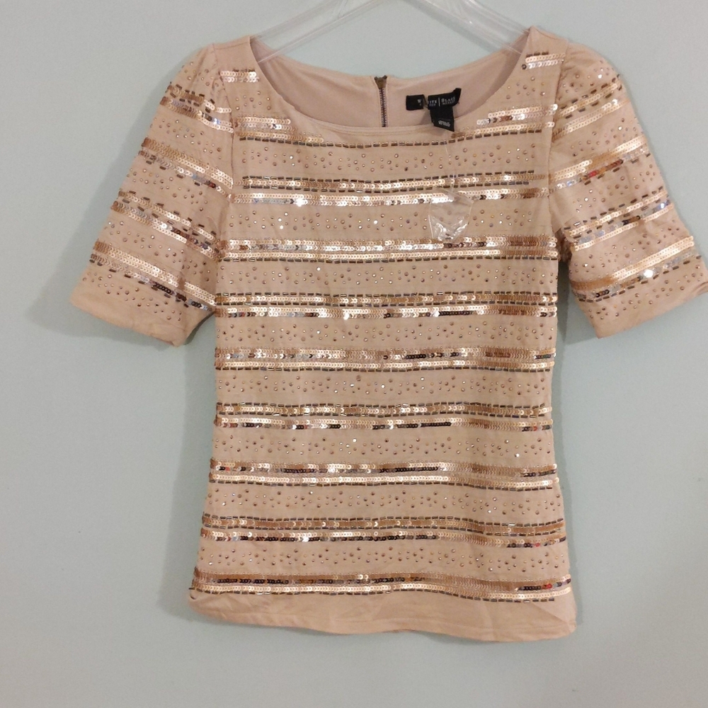 Gold Sequined & Beaded WHBM Top with Short Sleeves